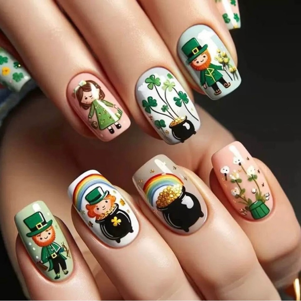 🍀 24 Pcs St. Patrick’s Day Press on Nails Square M Length w Leprechauns, Clovers